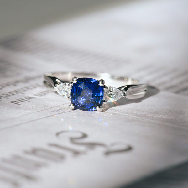 Square Cushion Blue Sapphire 3 Stone Engagement Ring With Pear -side