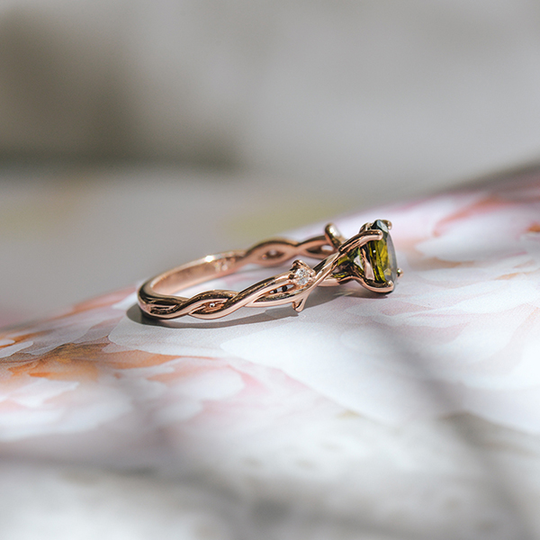 Oval Green Tourmaline Engagement Ring With Twist Band-side