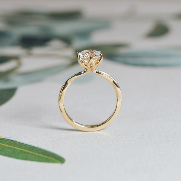 Subtle Twist Band Flower Petal Prong Round Engagement Ring-profile