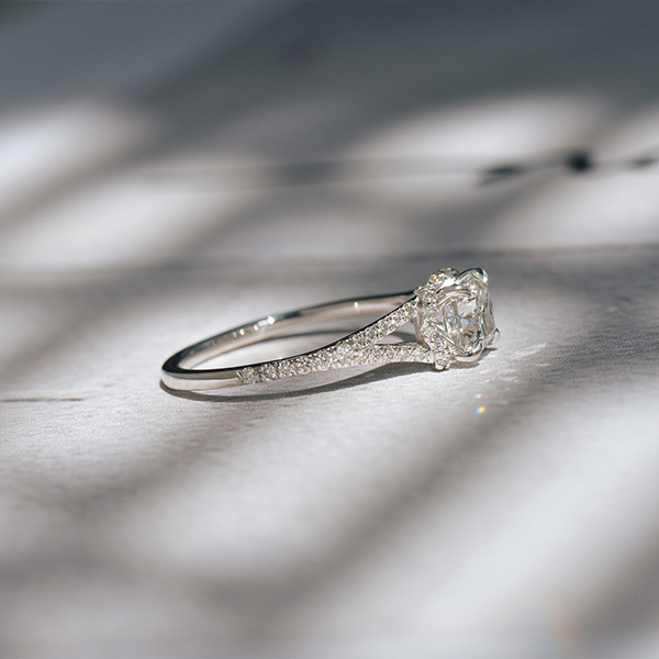 Cushion Engagement Ring With Collared Halo and Split Shank-side