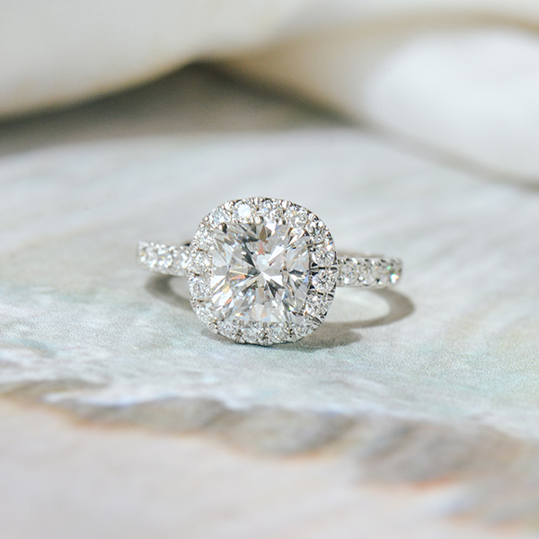 Cushion Halo Engagement Ring With Pavé Band-top