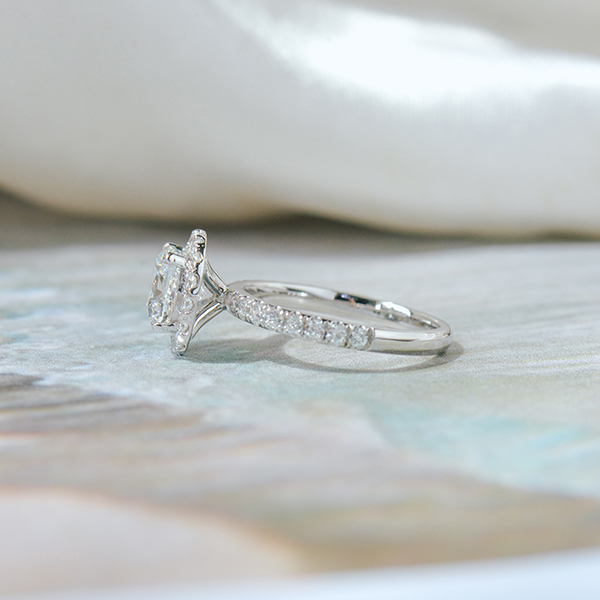 Cushion Halo Engagement Ring With Pavé Band-side