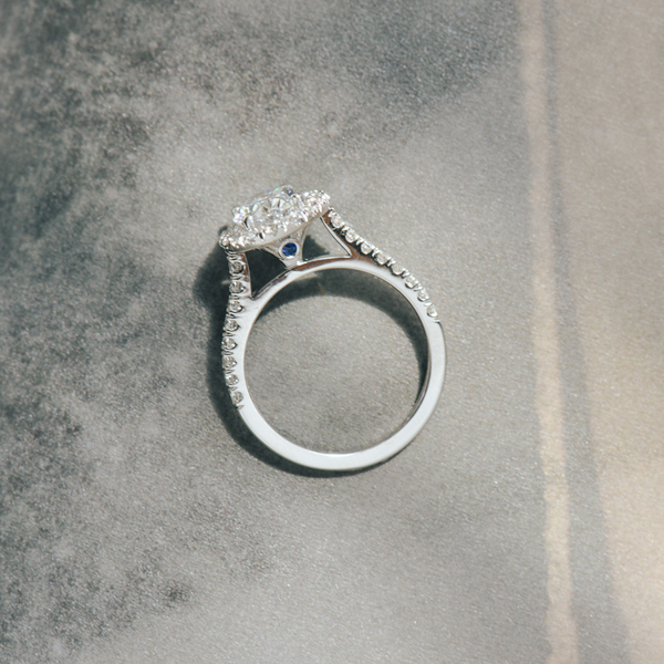 Oval Engagement Ring With Pavé Halo and Cathedral -profile