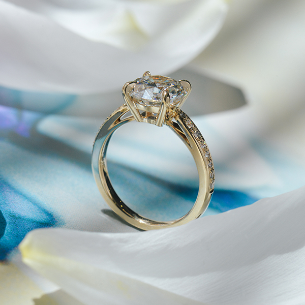 Round Engagement Ring With Pavé and Tapered Band - Profile